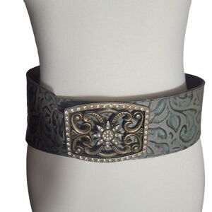 Texas Leather Mfg Western Tooled Belt Size MD/LG Teal Brass Rhinestone USA Made